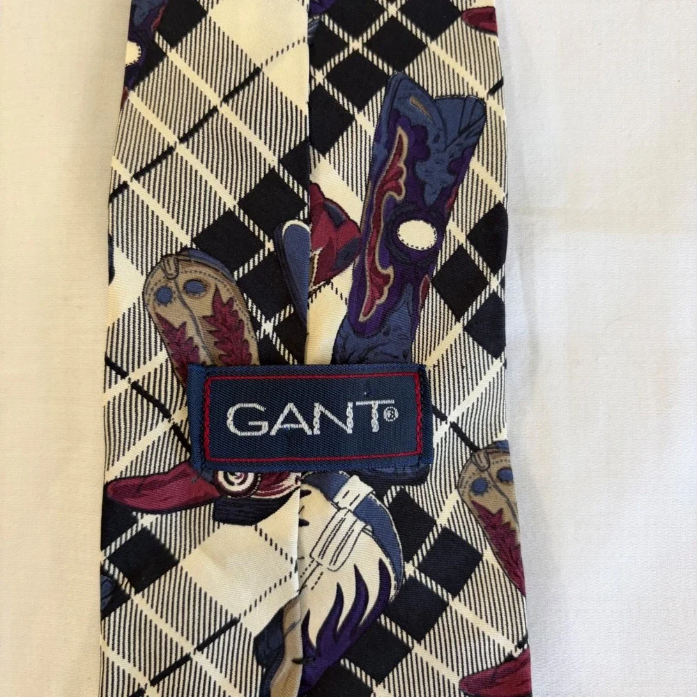 Gant Mens Silk Tie Plaid Cowboy Boots Western country Print Black White Blue USA